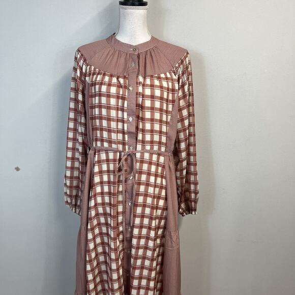 Polagram Dress size Medium Brown Ivory Plaid Midi Prairie Peasant Modest Church - Picture 3 of 9